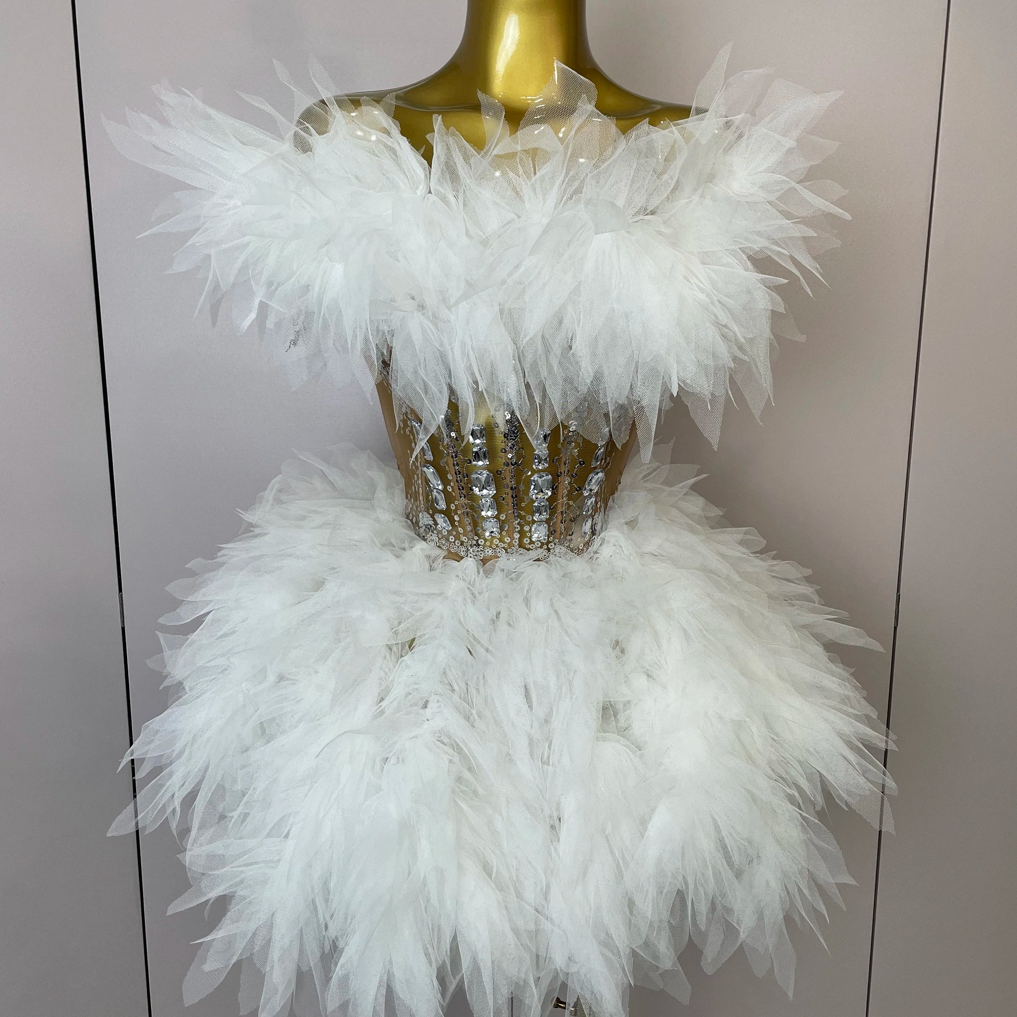 Women Sexy Backless Strap Mesh Fluffy Skirt 2 Pieces Diamond Sequins Stage Performance Costume Birthday Party Shooting Dress