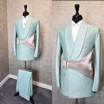 Unique Men Suits for Wedding Tailor-Made Shawl Lapel 2 Pieces Set Groom Blazer with Belt Customized Jacket Coat Pants