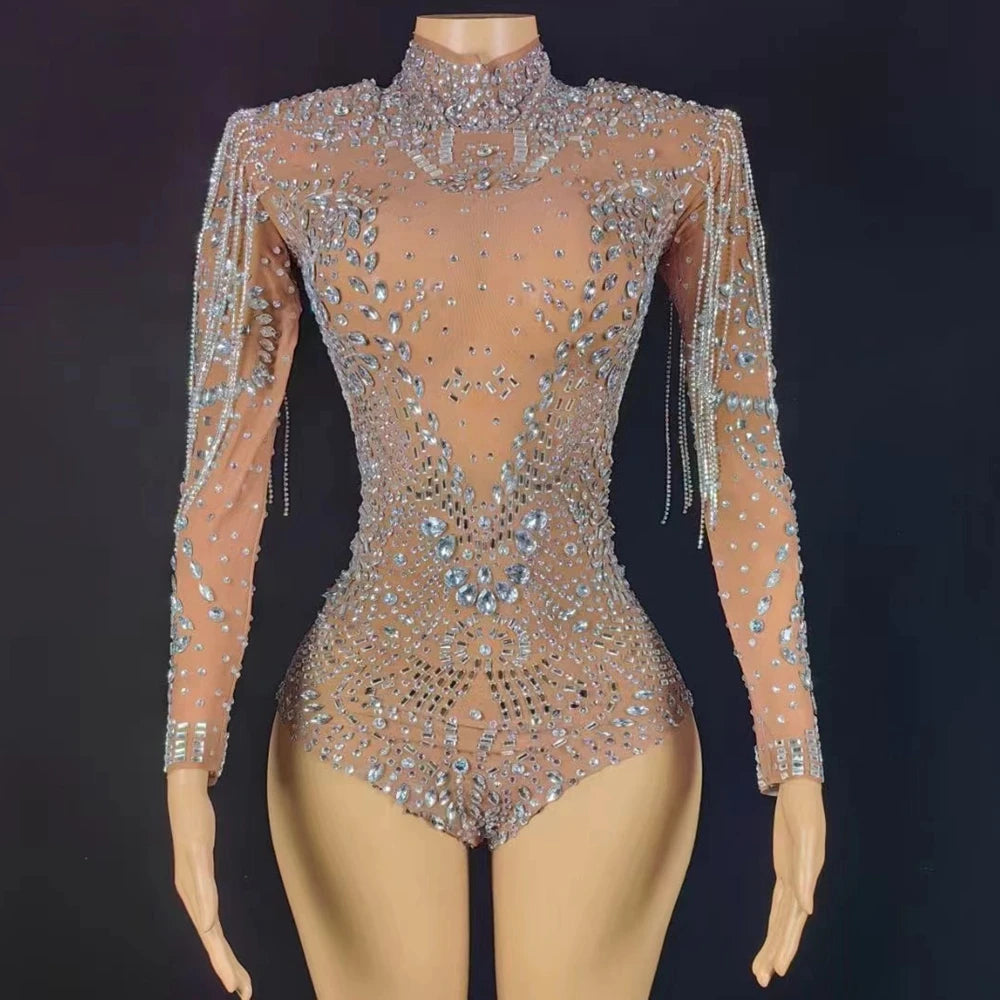 Justaucorps à manches longues et strass scintillants pour femme, tenue de danse sexy, tenue de scène, de discothèque 
