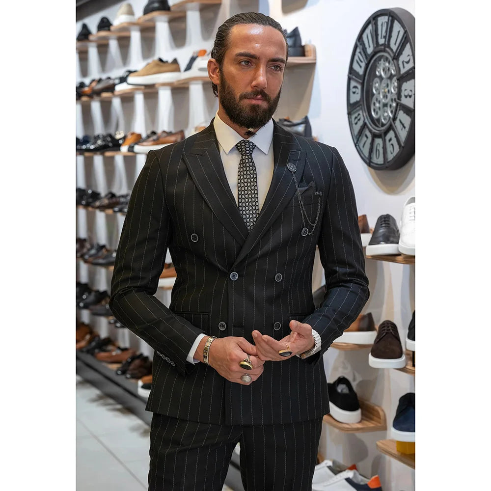 Costume homme noir croisé à revers pointus et à fines rayures, ensemble 2 pièces slim de haute qualité, veste pantalon et blazer de mariage