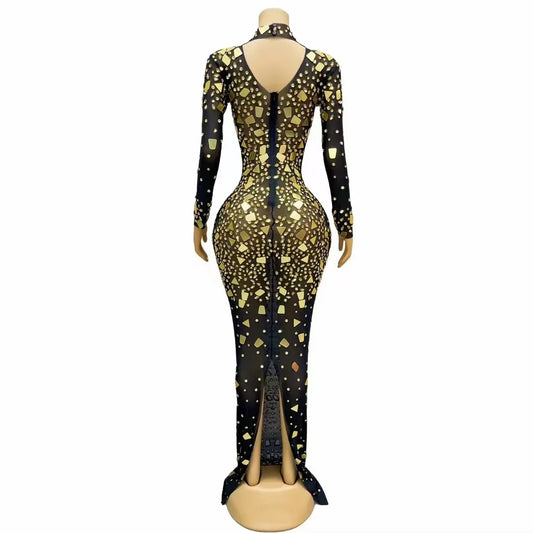 Flashing Gold Mirrors Birthday Celebrate Rhinestones Long Sleeves Dress Mesh Transparent Costume Fancy Black Photoshoot Outfit