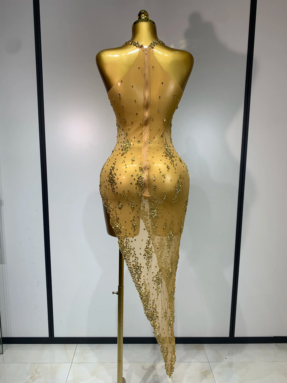 Sparkly Crystal Diamond Gold Sexy See-Through Sheath Dress Nightclub Performance Custom Stage Wear Birthday Evening Party Dress