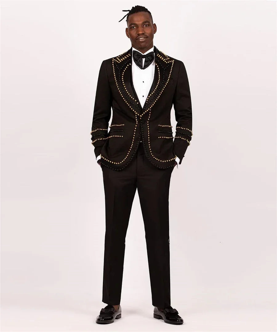 Traje de novio de boda con perlas exquisitas, solapa de pico, botonadura sencilla, ropa formal para fiesta de graduación para hombre, chaqueta de 2 piezas, pantalón, disfraz para hombre