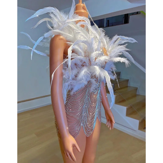 Robe courte en maille sexy pour femme, avec strass scintillants, chaînes et plumes, tenue de danse, de spectacle, de discothèque, de scène 