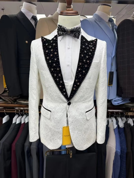 Elegant Men Suits Beading 2 Pieces Set Peaked Lapel Jacket Jacquard Blazer Rhinestone One Button Groom Customized Coat Pants