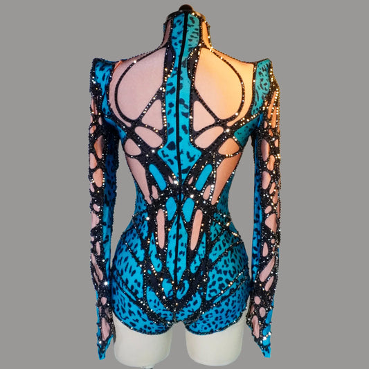 Blue Green Style Blocked Turtleneck Long Sleeve Rhinestone Sexy Jumpsuit Costume Party Bar Show Performance Drag Queen Outfit