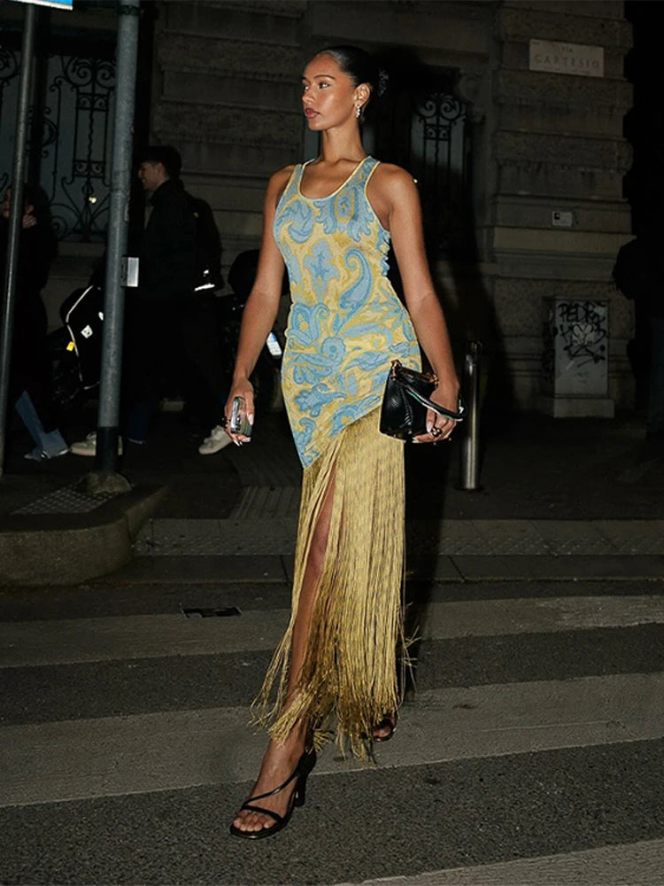 Sexy Printed Tassels Slim Maxi Dress Women Vintage Sleeveless Pleated High Waist Dresses Female Summer Chic Evening Party