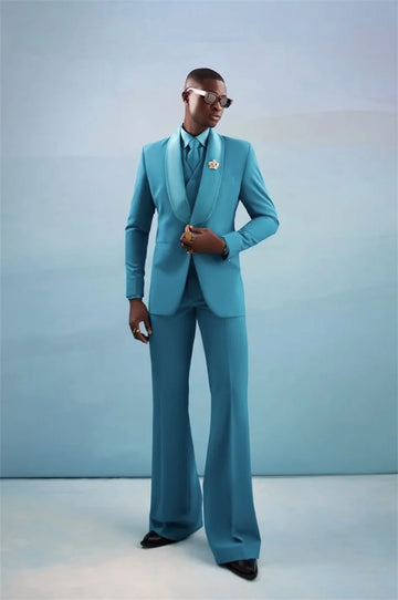 Sky Blue Men Suits Set 2 Pieces Cotton Blazer+Pants Trousers Customized Wedding Tuxedos Formal Office Business Jacket Coat