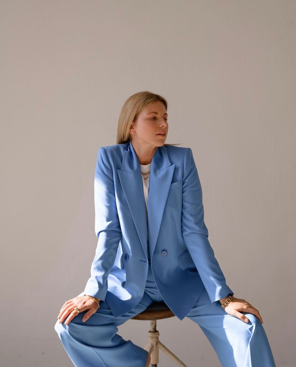 Blue Casual Women Suits 2 Piece Suits With Blazer Pant Plus Size Loose Wide Leg Pants Ladies Suit For Work