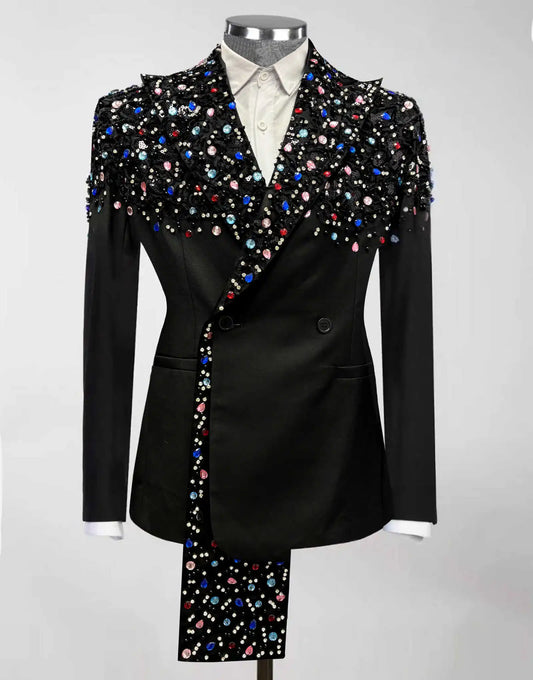 Luxurious Black Wedding Tuxedos 1 Piece Set Jacket Colorful Crystal  Men Suit Peaked Lapel Customized Groom Wear Party Suits