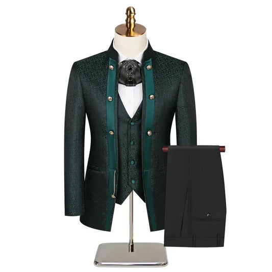 Double Breasted Floral Men Suits for Wedding 3 Pieces Stand Collar Groom Tuxedo Slim Fit Male Suit Jacket with Pants Vest