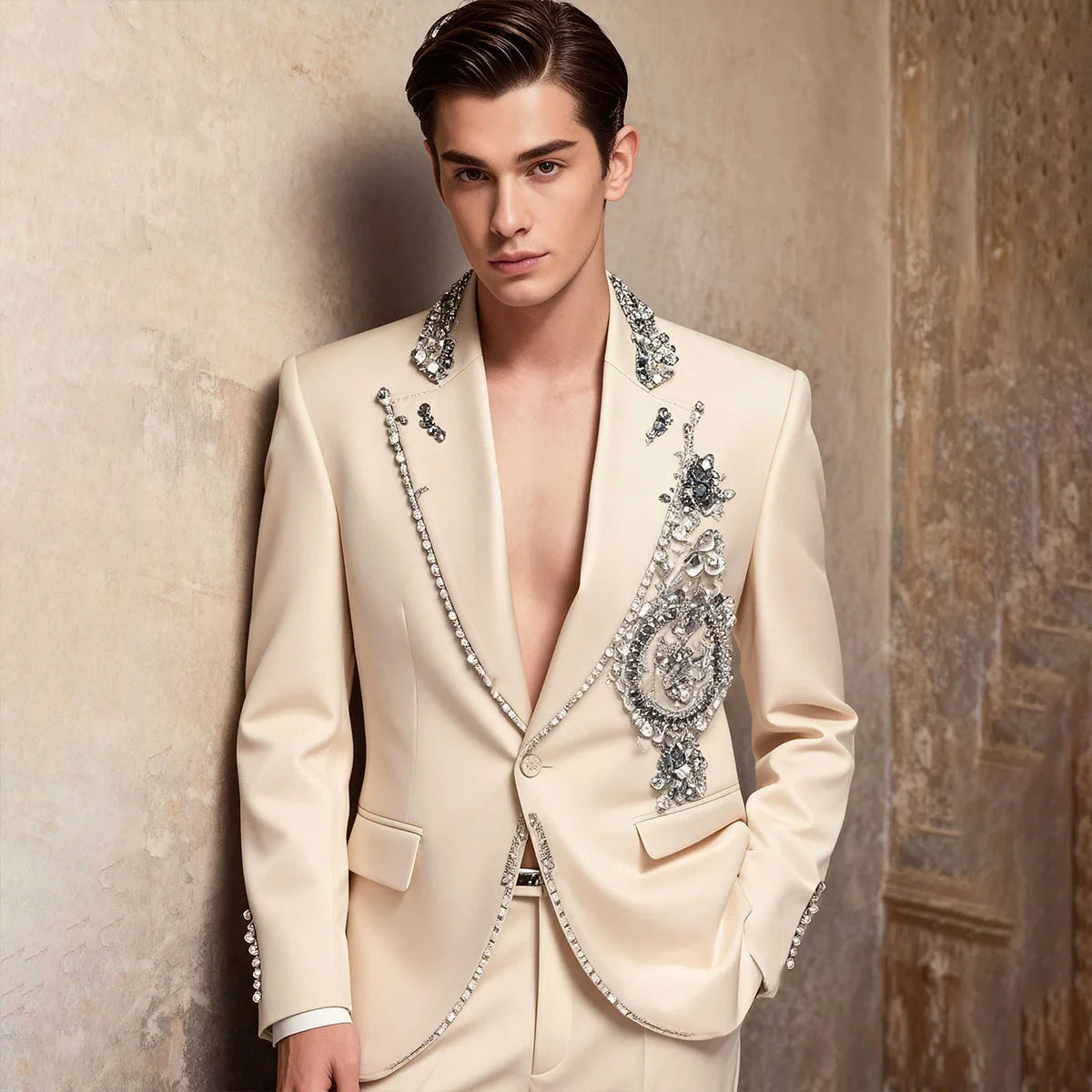 Customized Glitter Crystal Gem Men Suits Slim Fit Wedding Tuxedo Diamond 2 Piece Sets Groom Male Blazers Peak Lapel Party Homme
