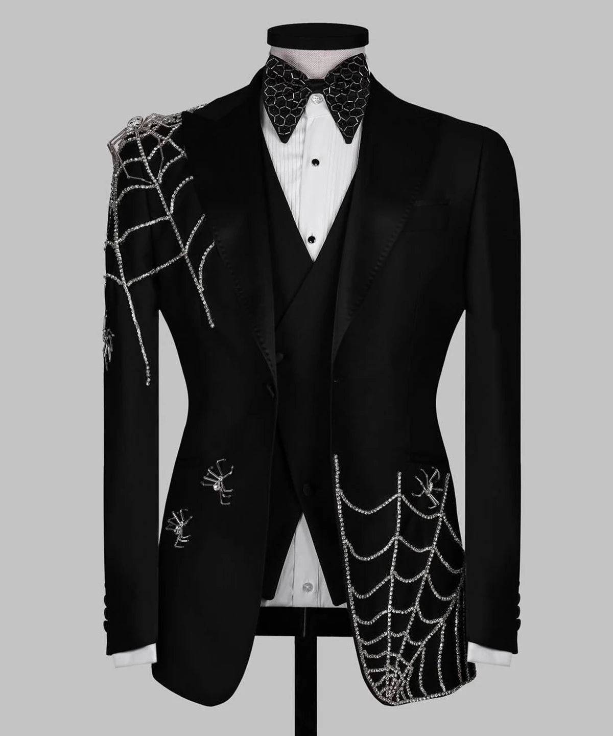 Classic Men Suits Tailor-Made 2 Pieces Set Peaked Lapel Jacket Rhinestone Blazer One Button Groom Customized Coat Vest Pants