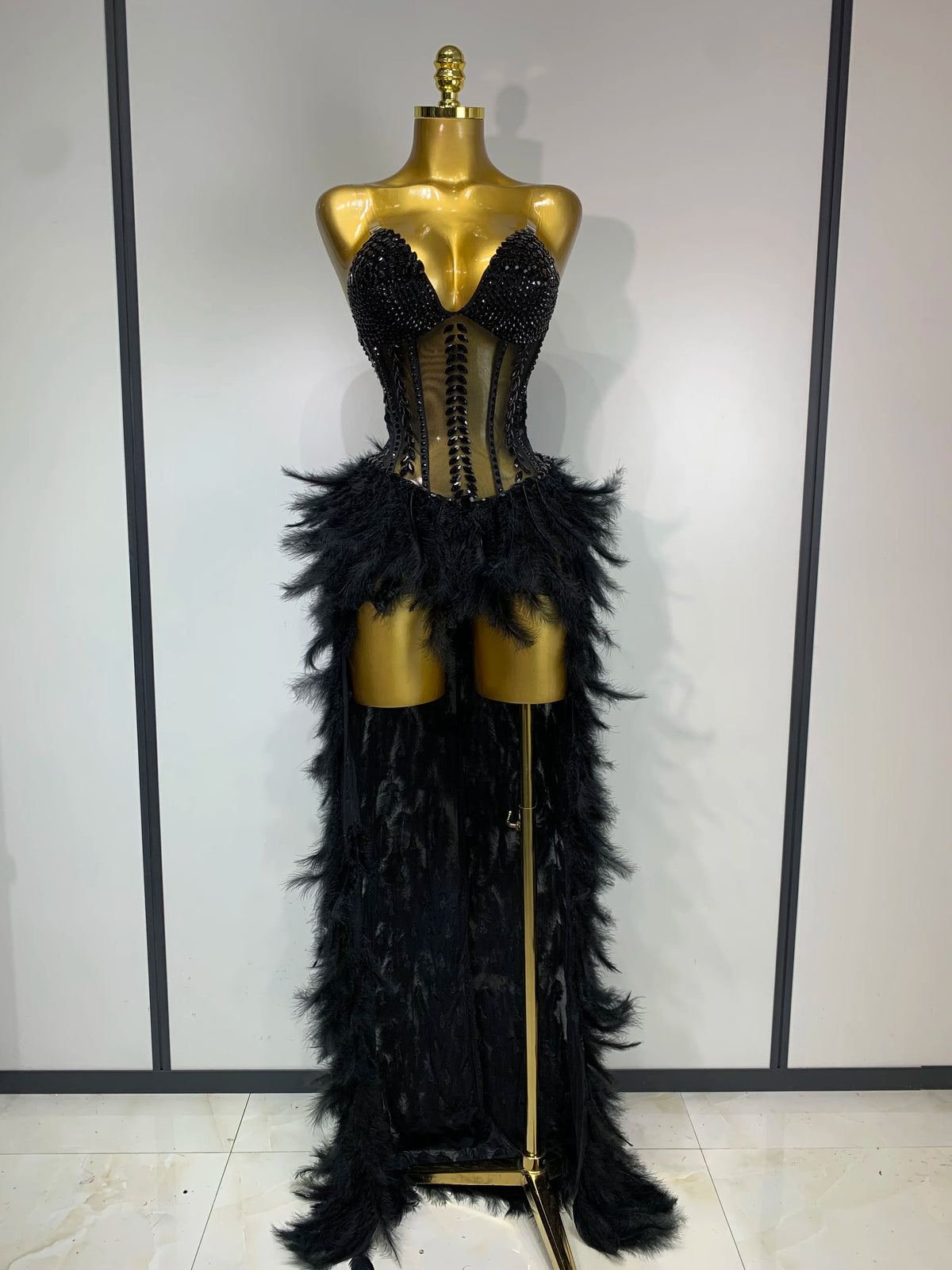 Sparkly Rhinestones Bodysuit Feathers Long Tail Dress Sexy Mesh Transparent Evening Party Celebrate Birthday Dress Stage Outfit