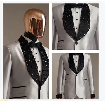 White Men Suit Set 2 Piece Blazer Pant Trousers Luxury Crystals Customized Formal Office Jacket Groom Wedding Tuxedo Coat
