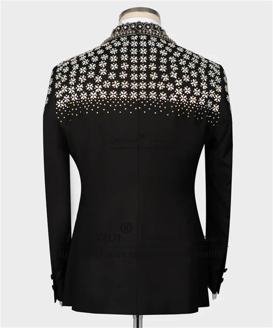 Stunning Beaded Crystals Tuxedos Men Suit 2 Pieces Sets Groom Wedding Slim Fit Formal Male Prom Blazers Customized Costume Homme