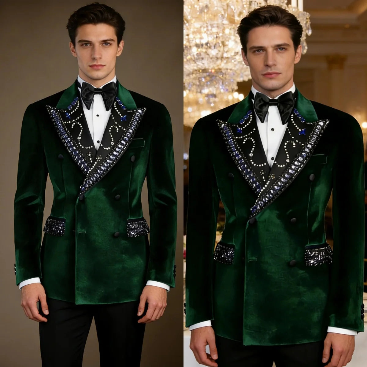 Noble Wedding Tuxedos Velvet 2 Pcs Jacket Pants Groom Suit Royal Crystal Beaded Peaked Lapel Evening Party Outfits Customized