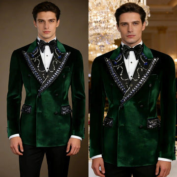 Noble Wedding Tuxedos Velvet 2 Pcs Jacket Pants Groom Suit Royal Crystal Beaded Peaked Lapel Evening  Party Outfits Customized