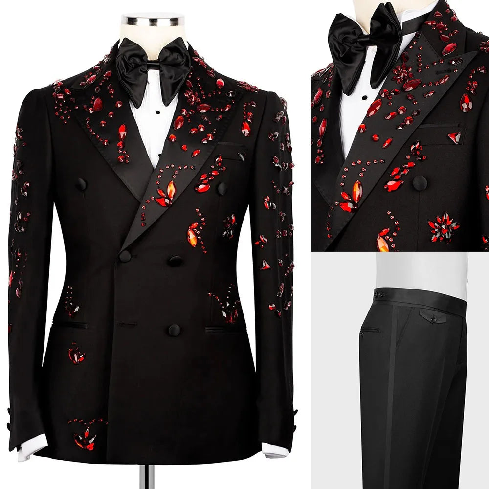 Luxury Man Suits Fit Slim Crystals Beaded Peaked Lapel 2 Pieces Set Party Prom Blazer Customized Double Breasted Jacket Pants
