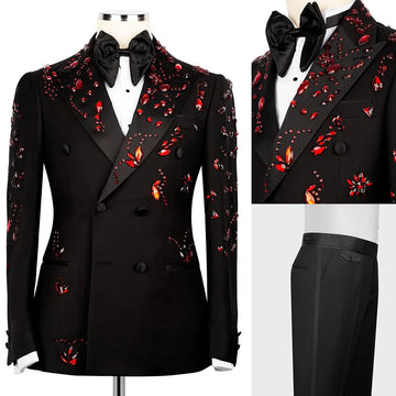 Luxury Man Suits Fit Slim Crystals Beaded Peaked Lapel 2 Pieces Set Party Prom Blazer Customized Double Breasted Jacket Pants