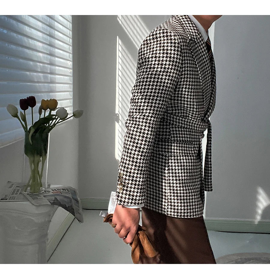 Houndstooth Woolen Blen Dplaid Retro Casual Men's Coat Slim Long Sleeve Belt Suit 2PC