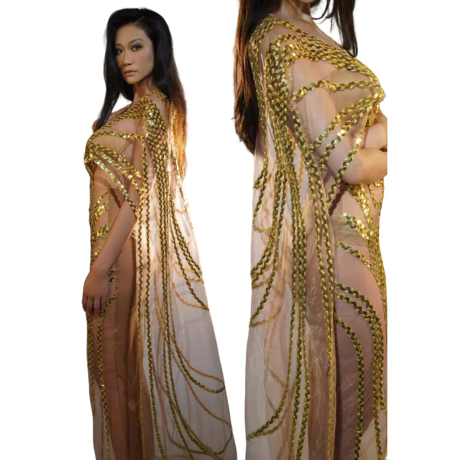 Sparkly Gold Sequins Mesh Celebrate Evening Prom Gown Long Dress Birthday Outfit Singer Stage Wear Show Costume
