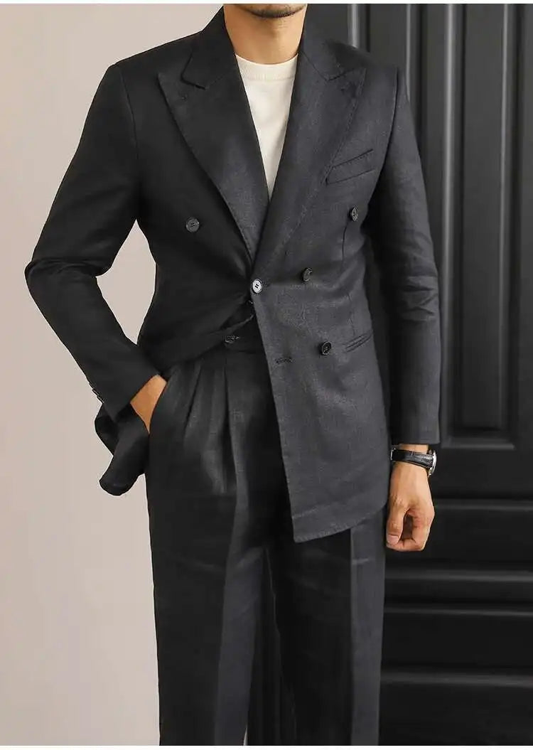 Luxury Linen Double Breasted Italian Suit for Men's Versatile Slim Fit Business Lapel Collar Retro Suit