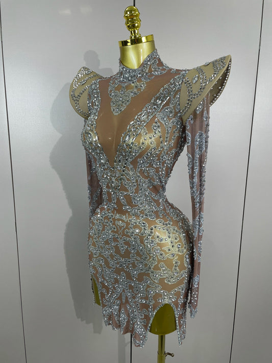 Robe courte transparente et brillante pour femme, tenue de chanteur sexy, tenue de séance photo, avec strass, pour anniversaire