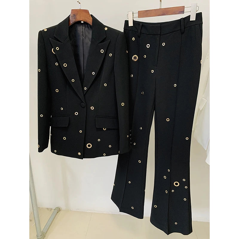 Runway Pantsuits for Women Designer Fashion White Suit Set Wedding Single Button Rivet Eyelet Lapel Blazer Pants Set 2pcs