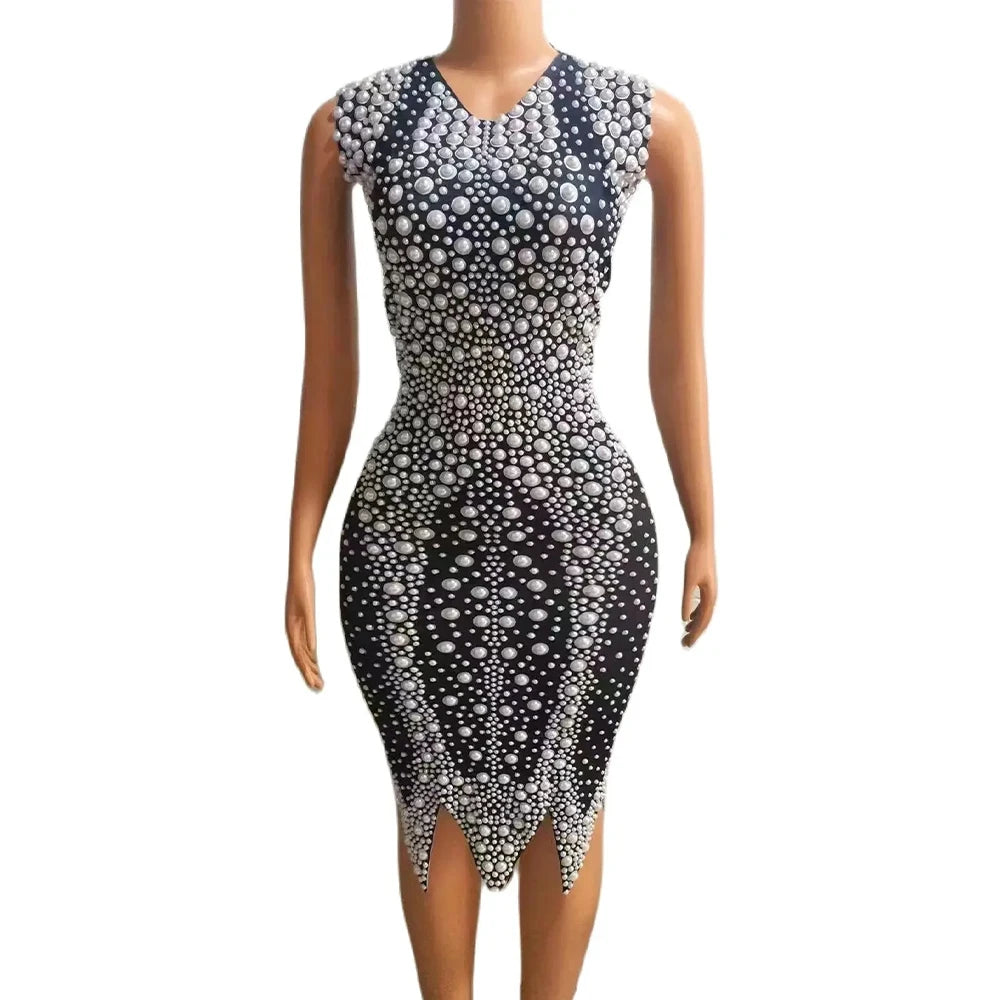 Women Sexy Stage White Pearls Spandex Dress Evening Birthday Celebrate Party Sleeveless Costume Dance Club Photo Shoot Dress