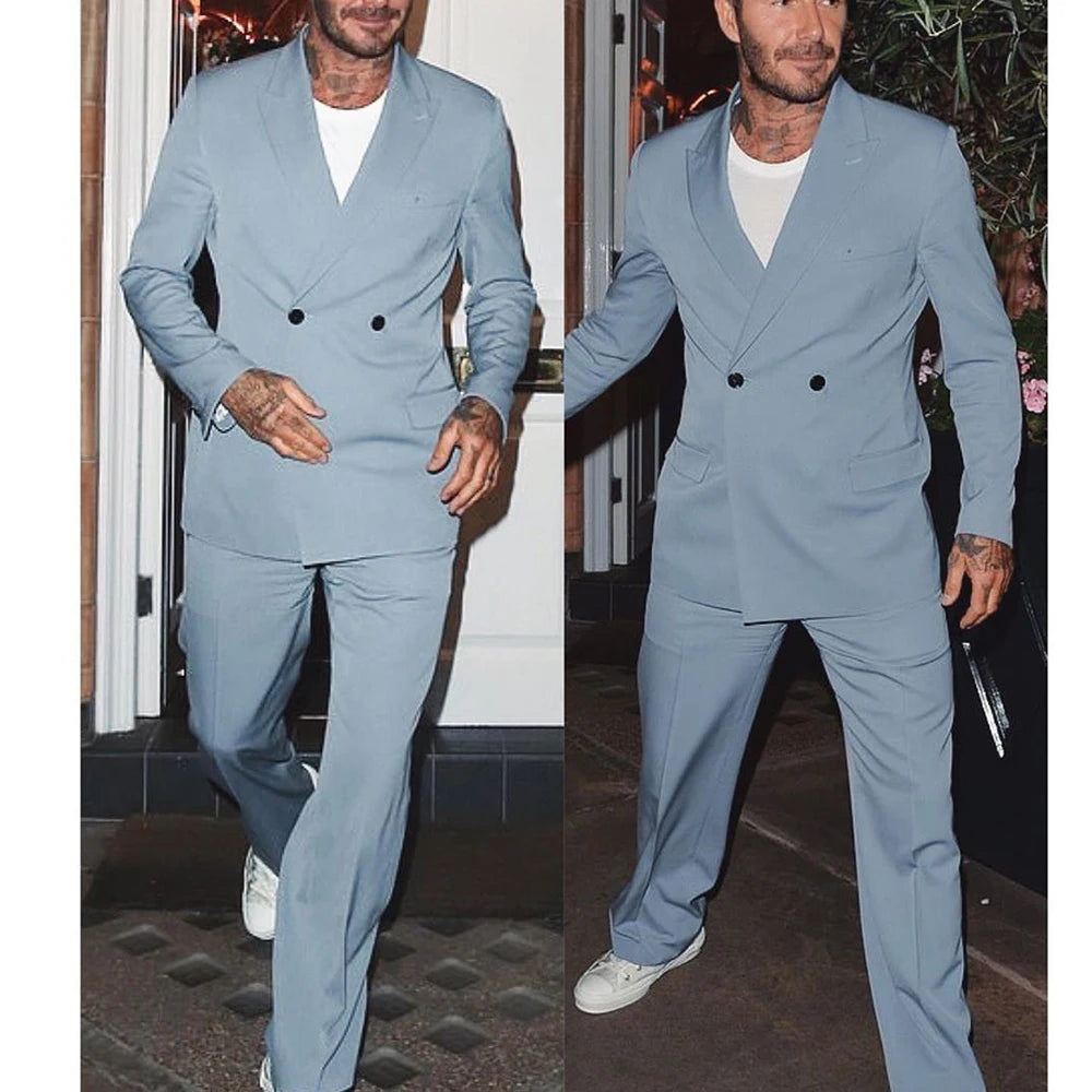 Men's Light Blue Double Breasted Suit with Matching Pants and White Sneakers