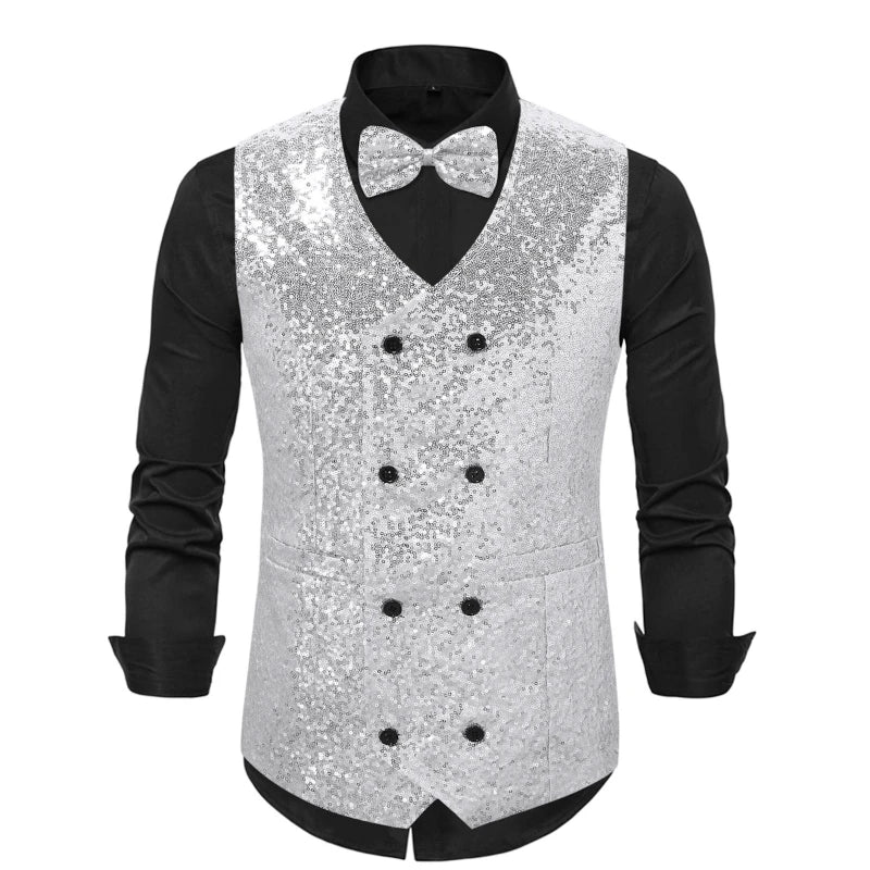New Fashion Shiny Sequin Suit Vest for Men, Gold /Silver  Double Breasted Chalecos De Vestir Hombre