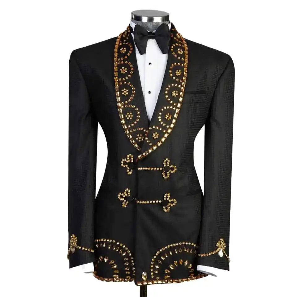 Handsome Wedding Tuxedos Rhinestone Beaded Double Breasted Men Suit Shawl Lapel 1 Piece Set Jacket Groom Blazers Customized