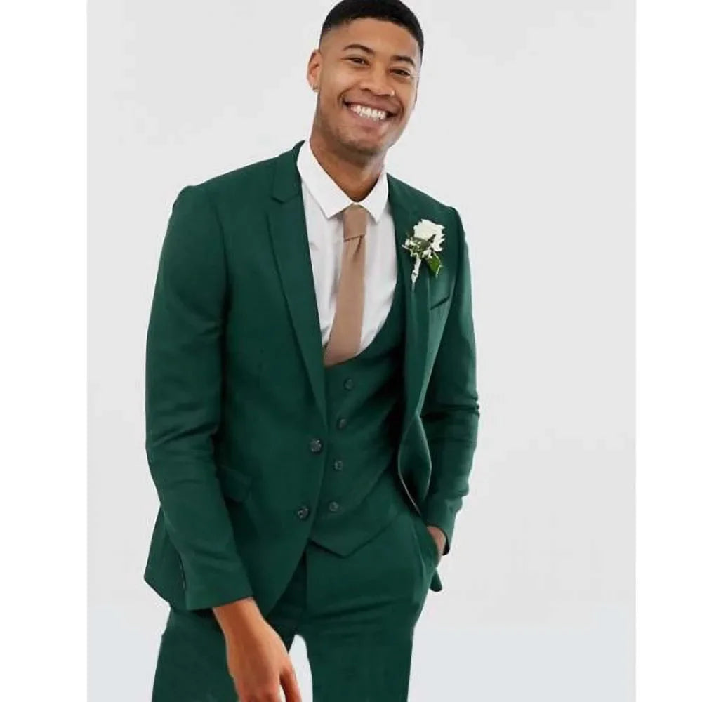 Trajes de solapa con muesca verde oscuro de un solo pecho para hombre, moda formal, informal, de negocios, para boda, novio, esmoquin, conjunto de 3 piezas
