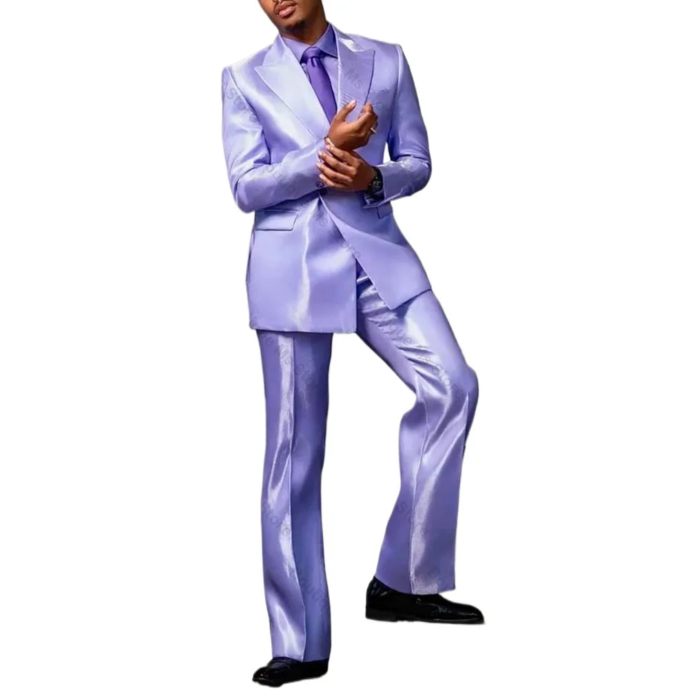 Purple Satin Single Breasted Men Suit Two Pieces(Jacket+Pants) Outfits Casual Party Prom Wedding Set