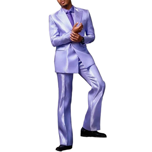 Purple Satin Single Breasted Men Suit Two Pieces(Jacket+Pants) Outfits Casual Party Prom Wedding Set