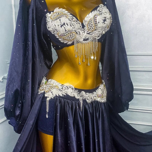 Belly Dance Dress With High-end White Patterned Flared Sleeves, American Samba Women's Adult Stage Professional Clothing
