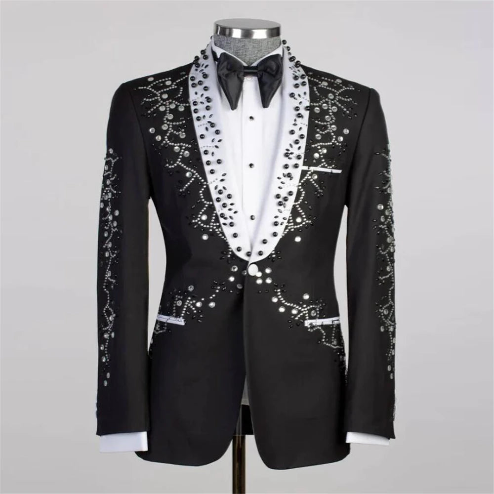 Costumes noirs raffinés pour hommes, smoking de mariage de luxe avec perles et cristaux, coupe slim, 2 pièces, veste à revers blanche et pantalon, vêtements pour hommes