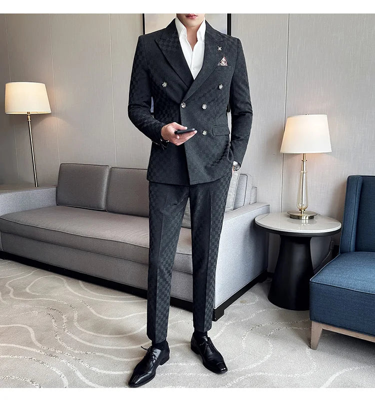Elegant Double-Breasted Navy Checker Suit for Men – Custom Tailored Business & Wedding Attire, Stylish Formalwear Set