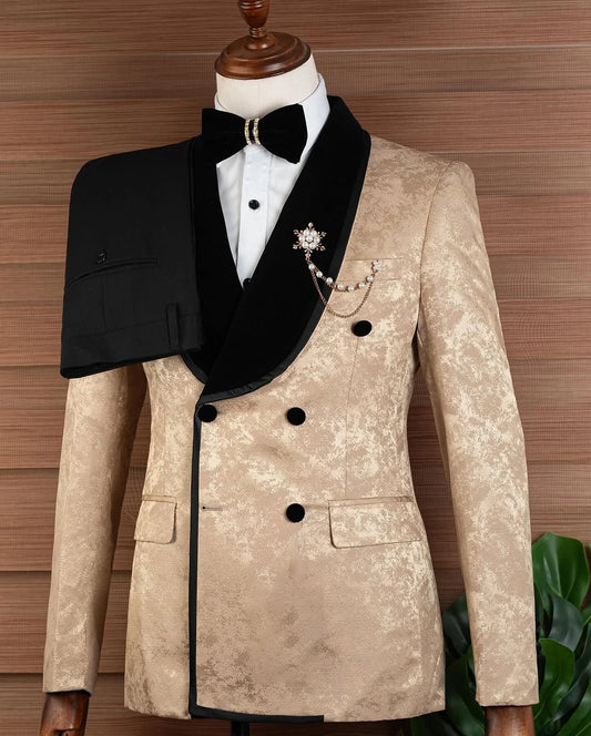 Modern Men Suits Jacquard 2 Pieces Set Tailor-Made Velvet Jacket Shawl Lapel Blazer Double Breasted Groom Customized Coat Pants