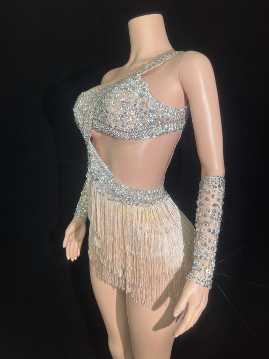 Women Sparkly Rhinestones Sexy Mesh Tassels Bodysuit Gloves Birthday Dress Dance Singer Dancer Performance Stage Costume