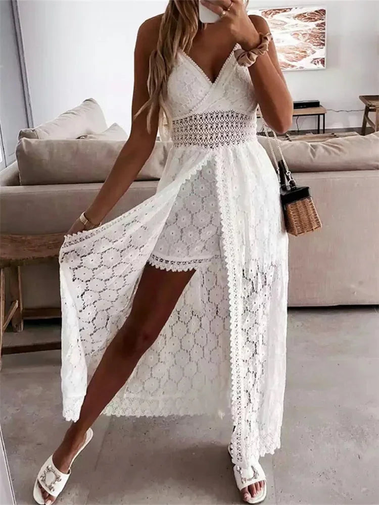 Summer Women Lace Playsuit Dress Sleeveless V Neck Hollow Out Irregular Midi Dress Sexy Elegant Casual Bohemian Dresses