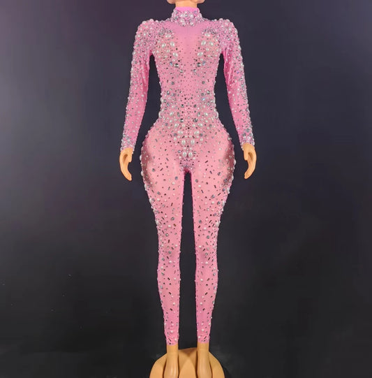 Mono Mujer Sexy Pearls Sequin One Piece Bodysuit Club Rompers Women Music Festival Outfits Ladies Skinny Rhinestone Jumpsuits