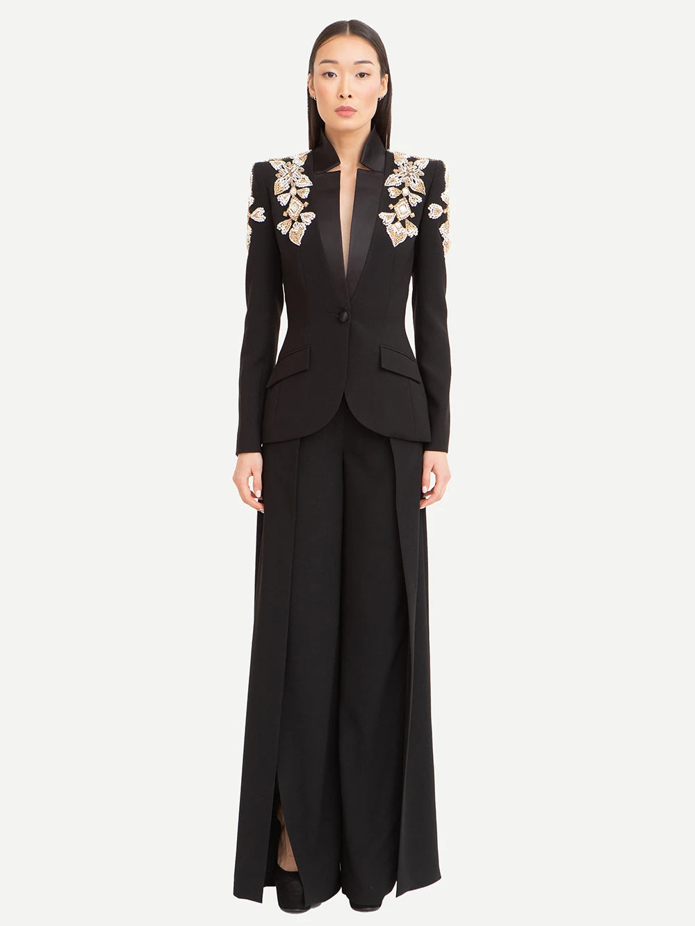Conjunto de traje de mujer de dos piezas con blazer de diamantes de lujo negro y pantalón acampanado dividido.