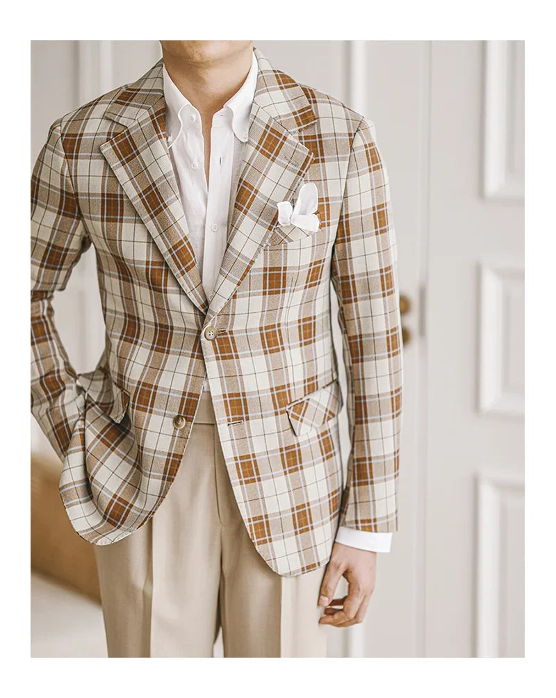 Men's Brown and White Plaid Blazer Single-Breasted Two-Button Casual Jacket