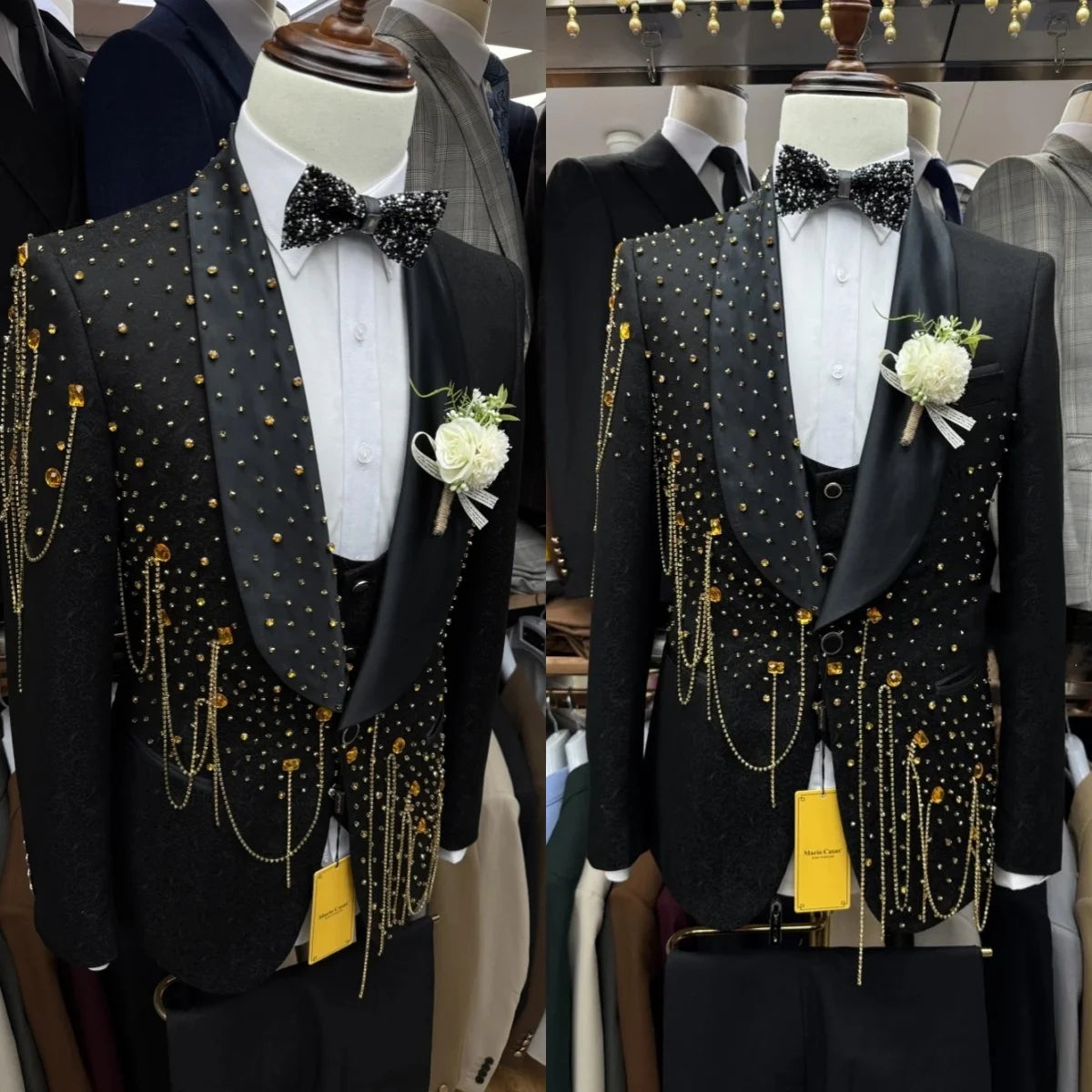 Fashion Men Suits Rhinestone Tailor-Made 2 Pieces Jacquard Shawl Lapel Jacket Tassel Blazer One Button Customized Coat Pants