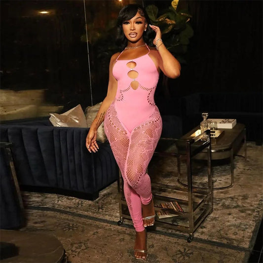 Sexy Outfits Hollow Out Yoga Jumpsuits Women Sleeveless Backless Bodycon Rompers Jumpsuit Pink One-piece Black Overalls