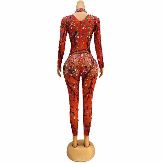 Sexy Colorful Rhinestones Mesh Bodysuit Evening Birthday Celebrate Club Jumpsuit Outfit Dance Performance Photo Shoot Costume