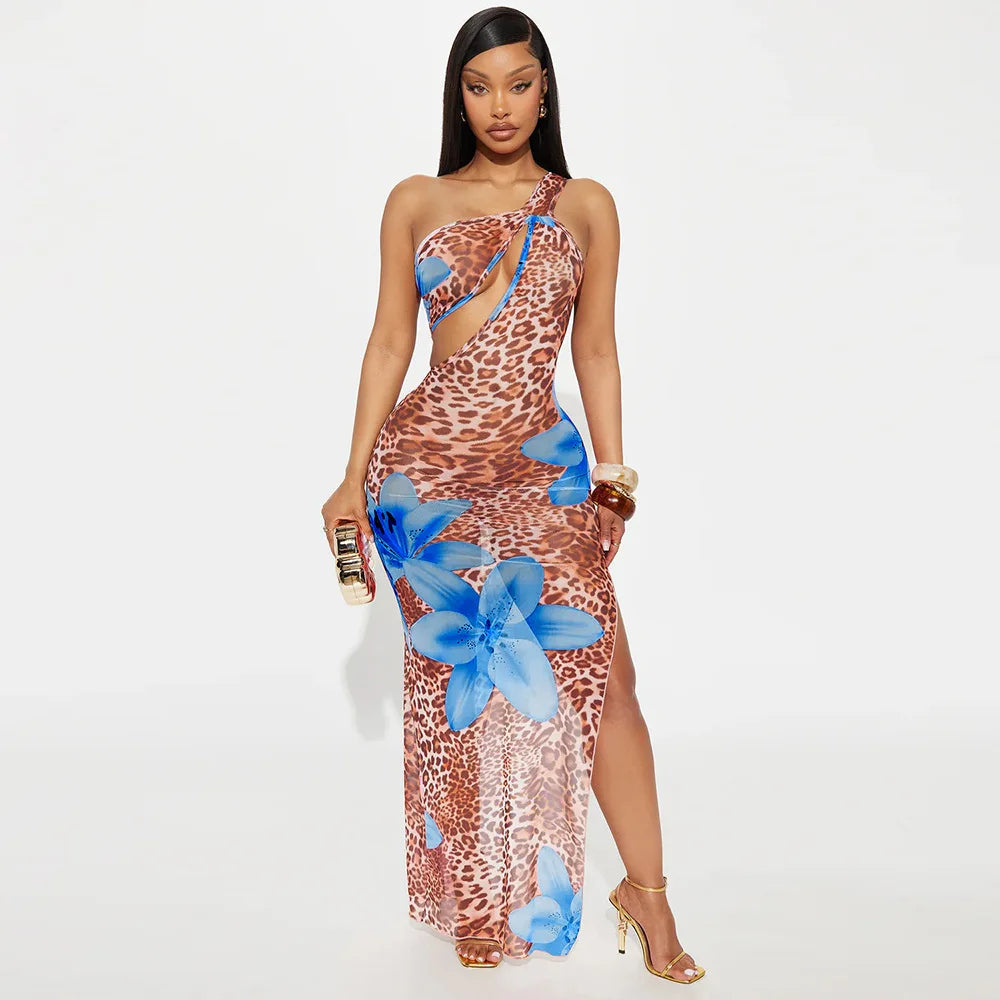 Women Floral Leopsrd Printed Sleeveless High Side Split Long Maxi Dress Skew Collar Sexy Birthday Party Dresses