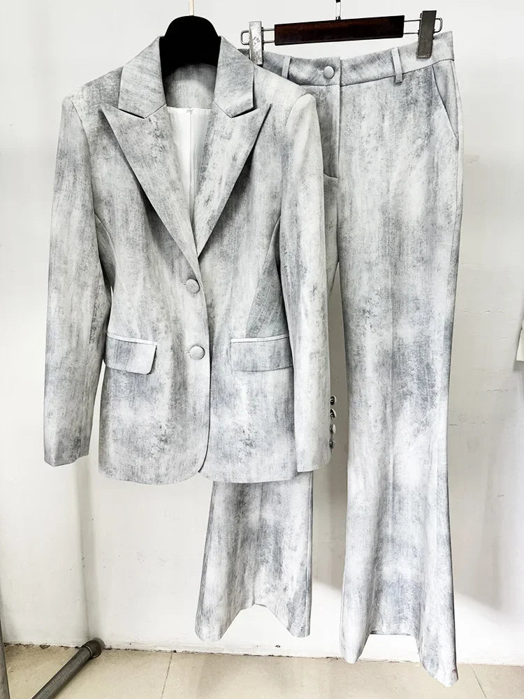 Fashion Designer Suit Set Women's Tie Dye Printed Slim Mid Length Blazer  Long Pants Set 2PCS